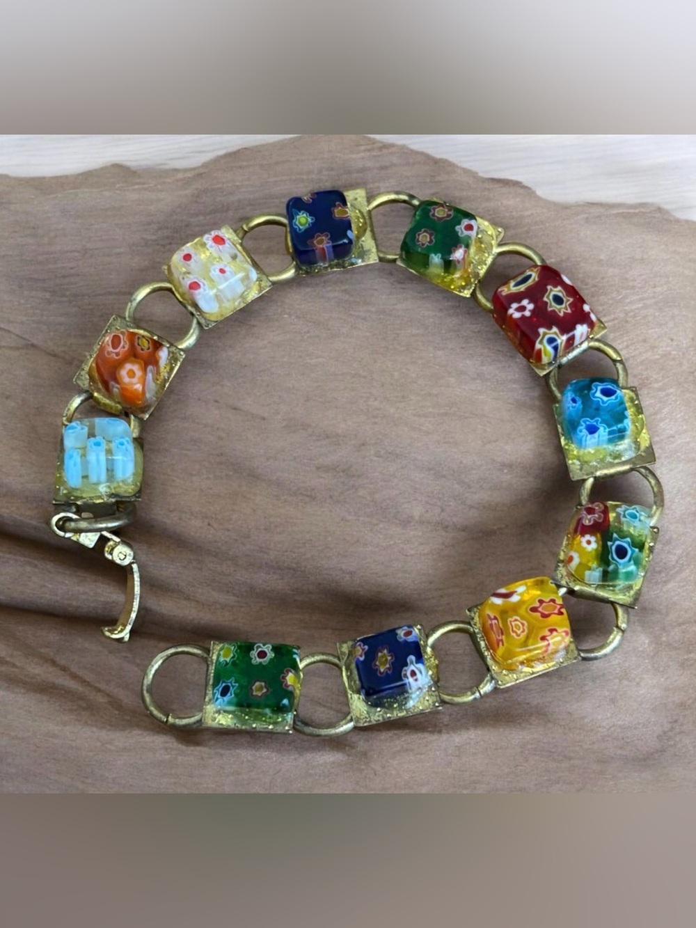 Murano Style Vintage Glass Millefiori Flower Panel Bracelet Gold Tone